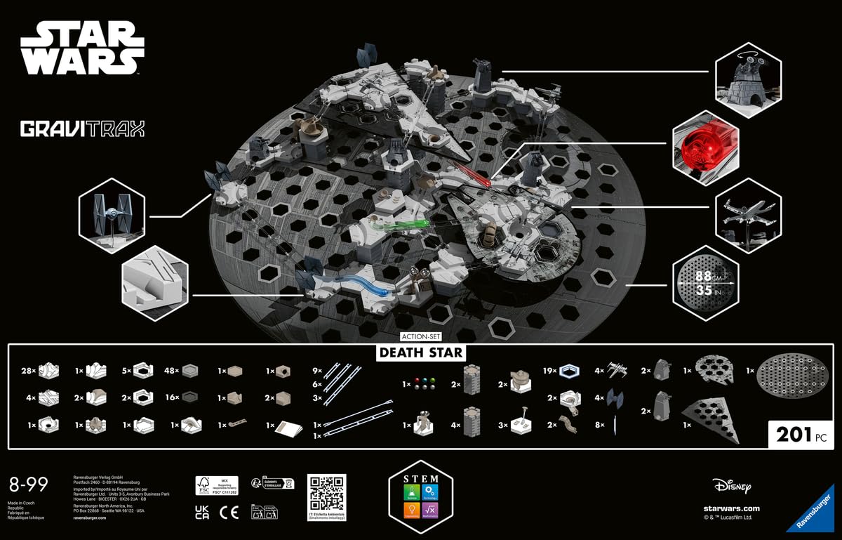 Ravensburger - Gravitrax Star Wars - Pack de démarrage - Circuits de Billes 201 pièces - Jeux de Construction dans l'univers de Star Wars - Enfant, Adute Enfant, Adulte dès 8 Ans - 23860 | GraviTrax Action Set Death Star Wars Circuit Billes 201 pièces, En