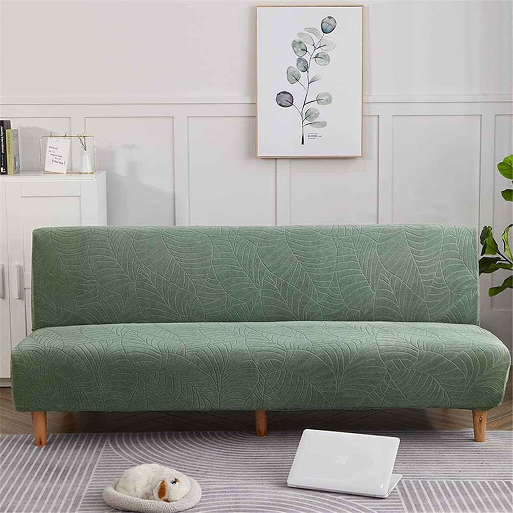 Mofish 2024 Premium Water Repellent Sofa Slipcover for Armless Sofa Bed Futon Cover Stretch Sofacover Spandex Jacquard Leaf Pattern Elastic Feature for Folding Sofa Bed, (Light Green)