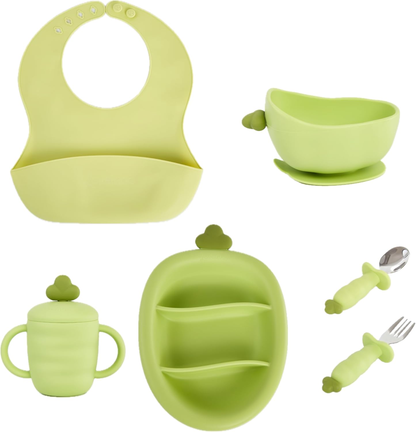 Silicone Baby Feeding Gift Set – Suction Plate, Bowl, Training Cup, Fork, Spoon & Bib (6-Piece) (Green)