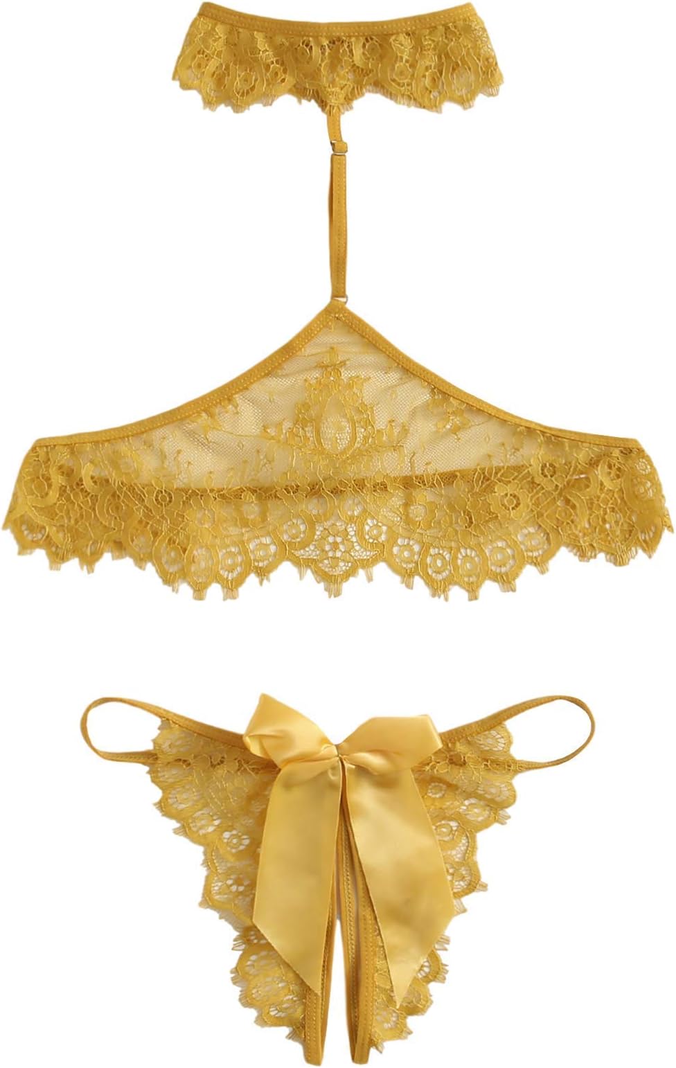 Lilosy Women's Sexy Bow Choker Halter Floral Lace Sheer Lingerie Set See Through Bra and Panty 2 Piece Gold Yellow X-Large
