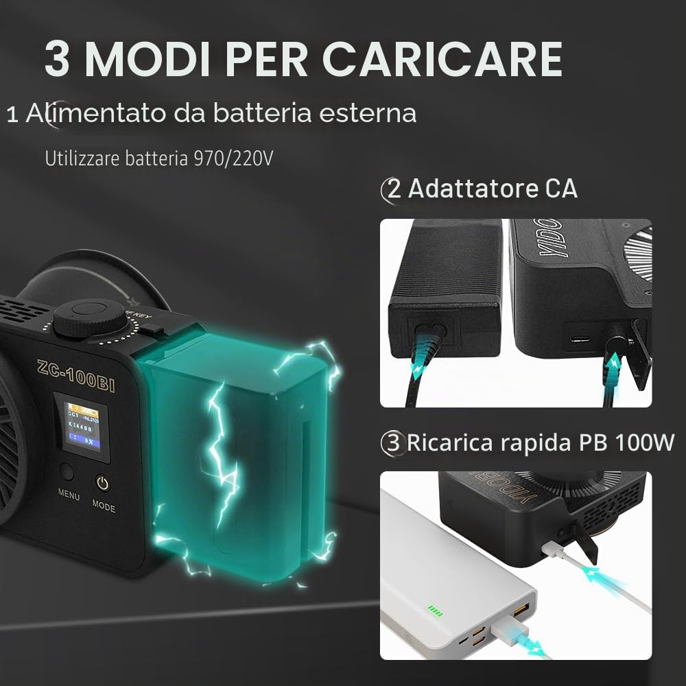 Luce video COB da 100W con attacco Bowens e impugnatura portatile, illuminazione bicolore 10000Lux/m 2700K-7500K con 10 simulazioni di scenari, con controllo a pannello e controllo APP
