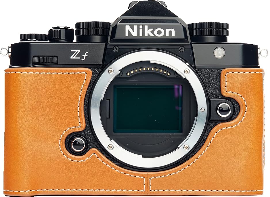 BMAOLLONGB ZF Camera Case, Handmade Genuine Real Leather Half Camera Case Bag Cover for Nikon ZF Camera Bottom Opening Version + Hand Strap (Yellow)