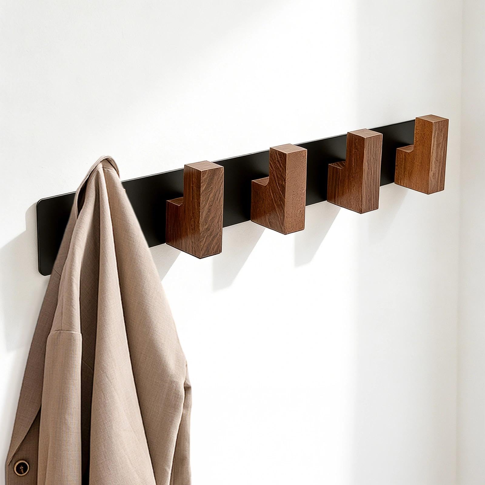 Perchero de Pared 38 cm, Perchero Entrada con 5 Ganchos de Madera, Colgador Pared Multifuncional, Gancho Perchero con Accesorios ce Montaje, para Recibidor, Dormitorio, Salón