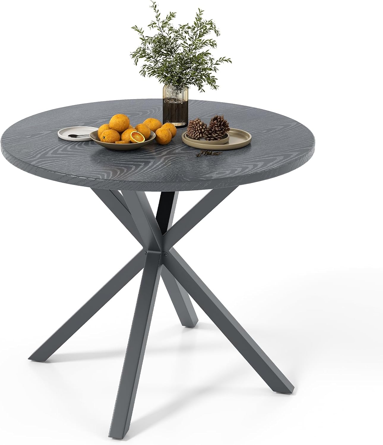 HAPPYGRILL 34” Round Outdoor Dining Table, Metal Patio Bistro Table with Wood-Like Tabletop, 4 Person Outdoor Dining Furniture for Backyard Garden Balcony