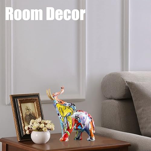 Miniatura 5 de QIANLING Estatua de elefante de graffiti, figura artística de resina colorida para decoración del hogar, acento creativo de elefante para sala de