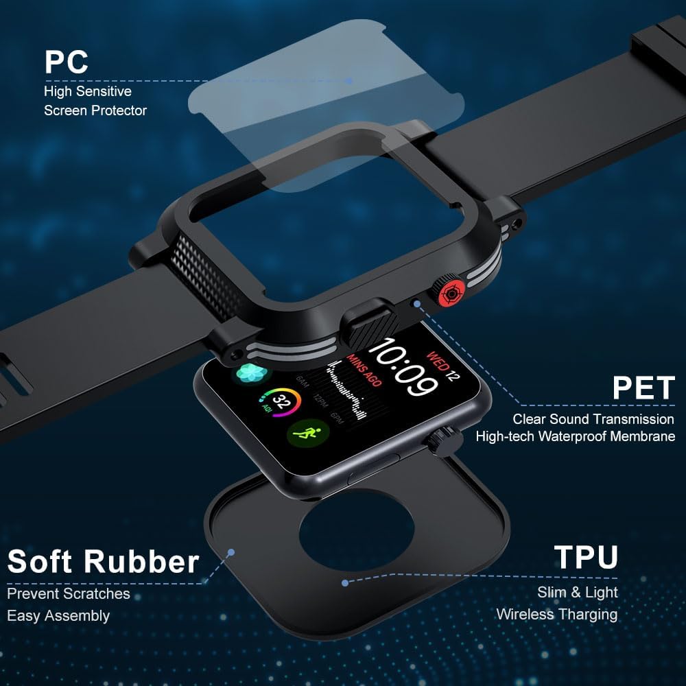 IP68 Waterproof Case with Band and Screen Protector Compatible for Apple Watch Series 10 9 8 7 6 5 4 3 2 SE2 SE, Heavy Duty Bumper Rugged Case Protective Cover Sport Strap Back Cover for iWatch Accessories, 40mm - Image 4