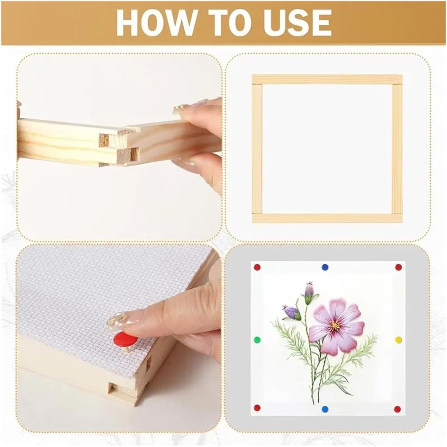Wooden Needlepoint Stretcher Bars Set with Push Pins & Tacks Remover, DIY Canvas Frame Kit for Embroidery, Cross Stitch, Quilting