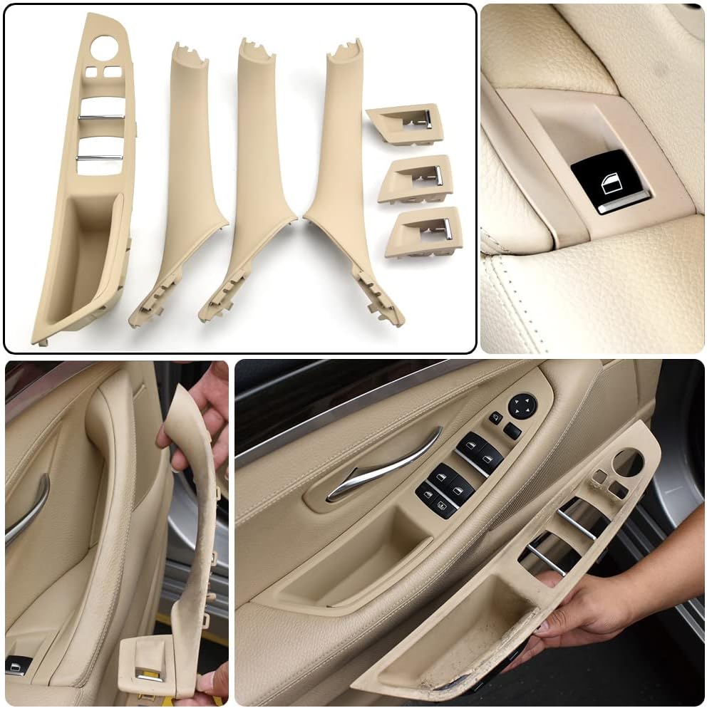 7pcs LHD Beige White Armrest Car Interior Door Handle Inner Panel Pull Trim Cover Compatible with 5 Series F10 F11 520d 525d 530d 535i 2010-2016