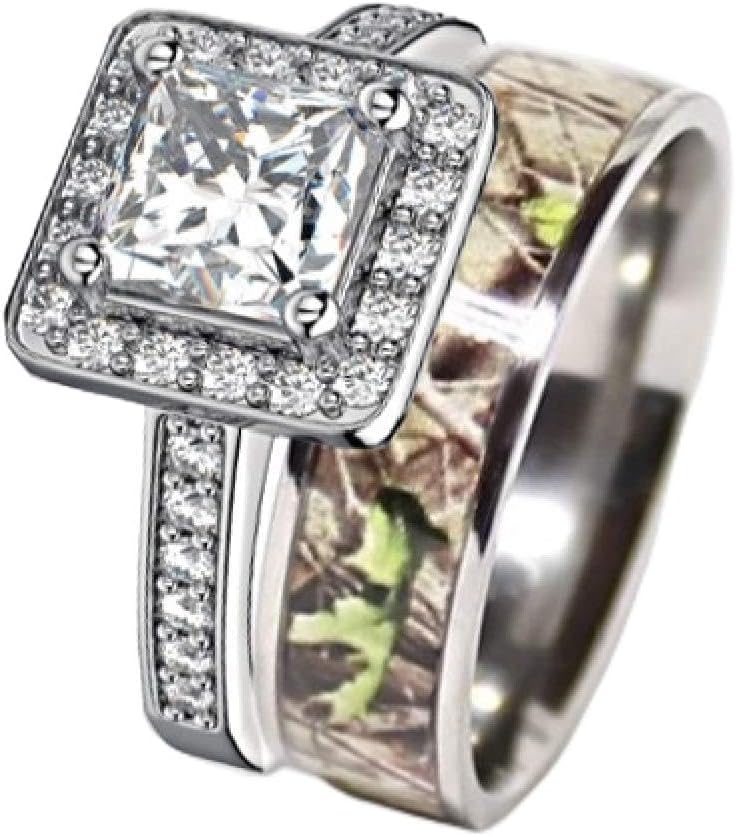 Women`s White Titanium Camo and Sterling Silver Halo Engagement Wedding Rings Set SP18ERWC9