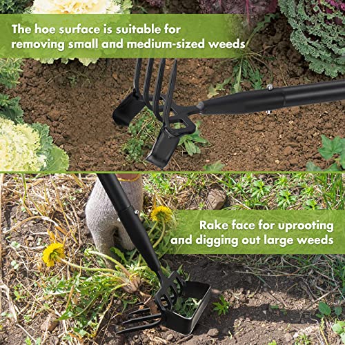 Inflation Hoe Garden Tool For Weeding,Stirrup Hoe And 4 Tines Rake 2-In-1 Gardening Tool,Long Handle Hula Hoe For Garden,Lawn,Vegetable Garden Loose Soil,Weeding And Planting #TOP1
