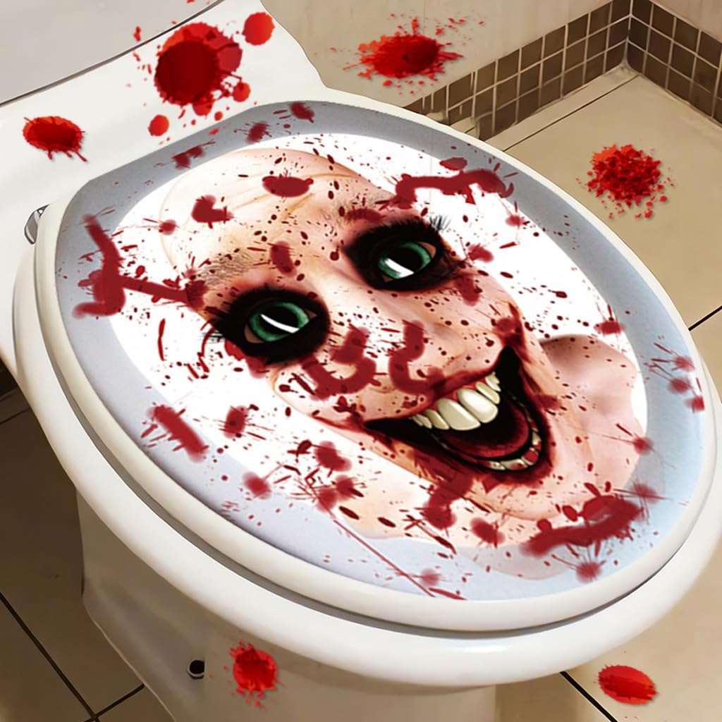 Halloween Toilet Seat Sticker 3D Scary Bloody Toilet Lid Decals Self-Adhesive Removable Stickers for Halloween Bathroom Home DIY Decoration Halloween Party Supplies, Red