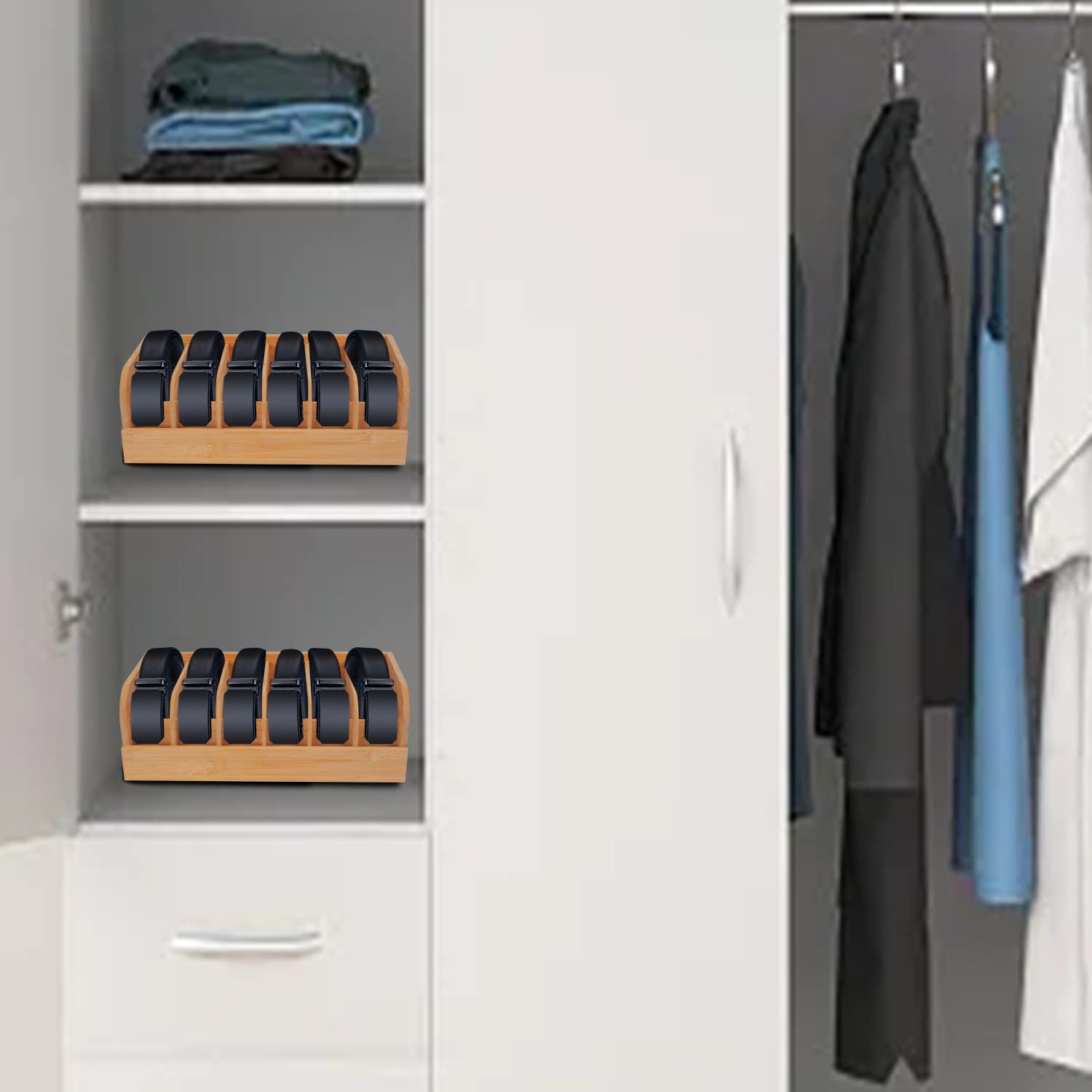 GTI Gürtel-Organizer, 6 Fächer, Gürtel-Organizer für Schrank und Schublade, Bambus-Vitrine für Krawatte und Gürtel, Gürtelaufbewahrung für Männer und Frauen (2, Schwarz)