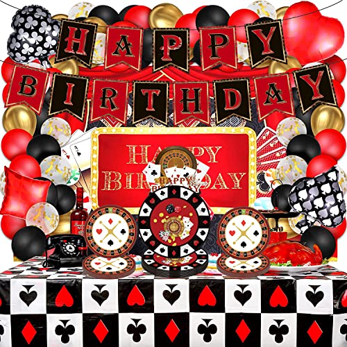 86 accessoires de fête de casino Las Vegas Happy Birthday - Kit de vaisselle de fête de casino - Accessoires de décoration - Jeu de cartes de poker - Club -...