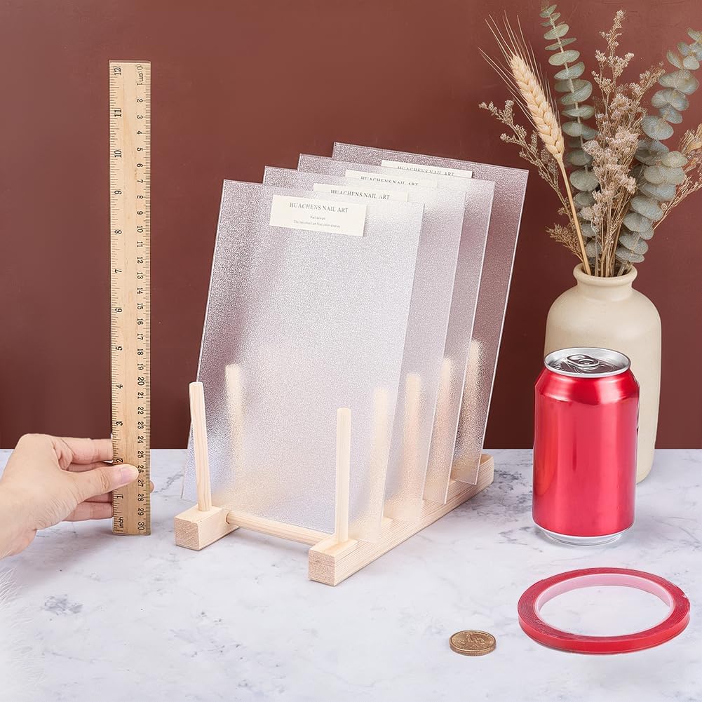 FINGERINSPIRE 4PCS Acrylic Nail Display Board with Wooden Holder 5.24x7.9x8.23inch Transparent Acrylic Manicure Sample Holder Nail Polish Display Board with Natural Wood Base for Salon and Home Use