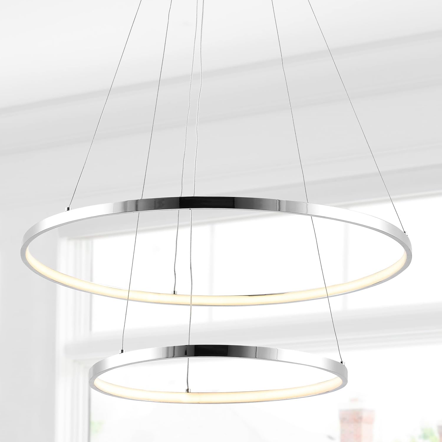 JONATHAN Y 15.75" Chrome 2-Light Modern Integrated LED Pendant Light, Dimmable Round Hoop Chandelier for Kitchen Island, Dining Room, Adjustable Height Metal Hanging Light (JYL7204C)