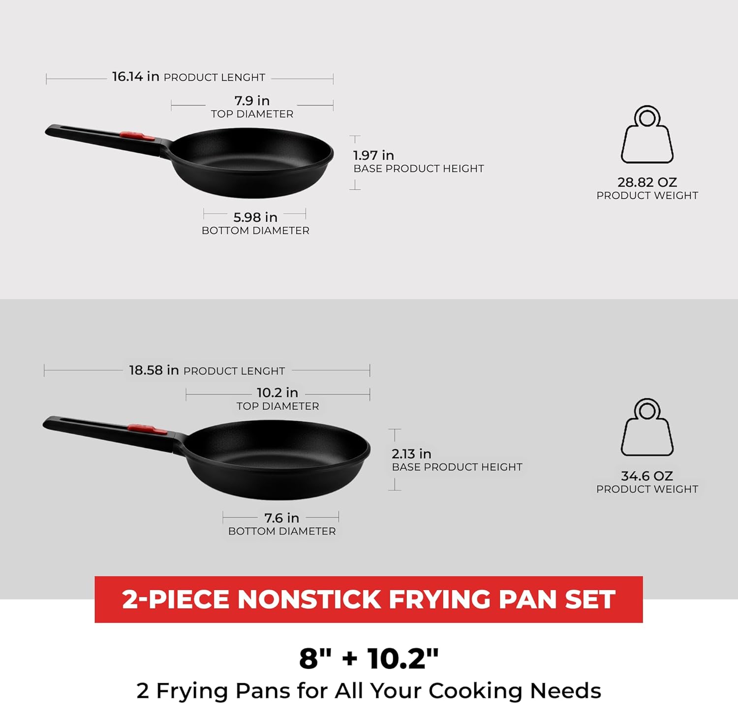 BRA COOKWARE Infinity 2-Piece Nonstick Frying Pan Set | 8 & 10.2 Inch Cast Aluminum Skillet Set | Removable Handle | PFOA/PFAS Free Fry Pans | All Cooktops incl. Induction | Oven Safe Skillets
