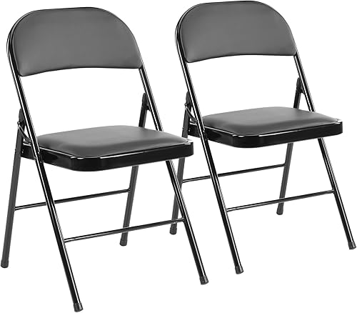 2 sillas plegables con asientos acolchados de cuero para interiores y exteriores, sillas plegables resistentes con cómodo cojín, marco de metal