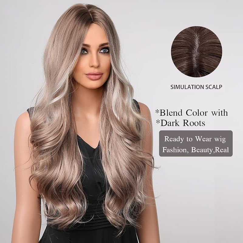 Esmee Hosszú Hullámos Paróka - 66 cm Ombre Barna-Hamvas Szőke, Hőálló Szintetikus Haj, Természetes Hatású, Állítható Fejméret, Cosplay, Part