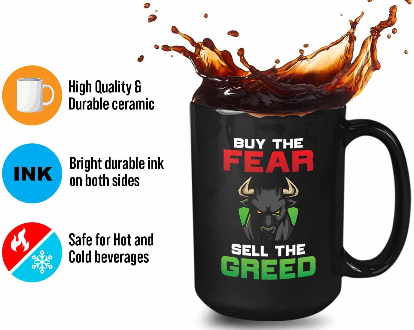 Stock Trader Coffee Mug 15oz Black - Buy the Fear - Stock Market Trading Sarcascm Day Trader Strategy Funny Brokers Digital Currency