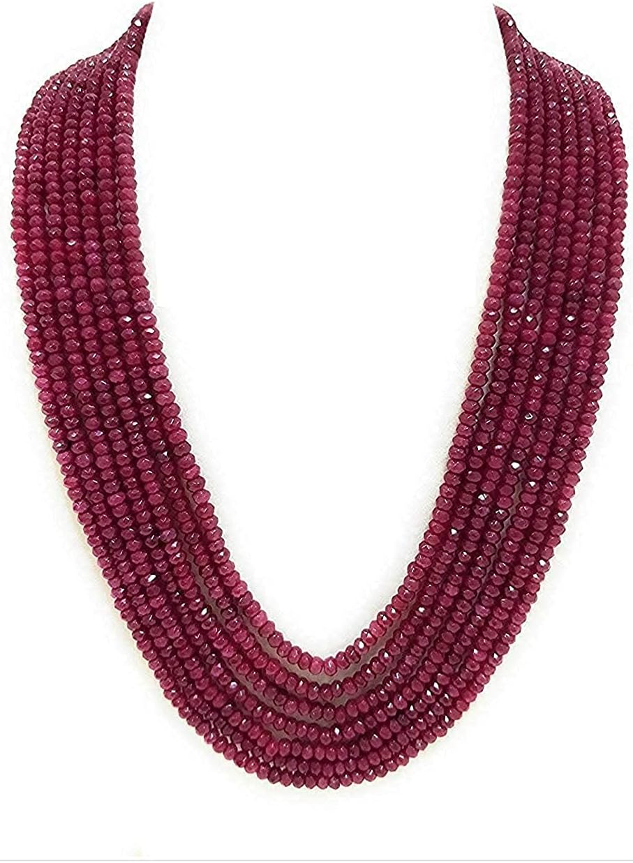 Classic Ruby & Emerald Jade 7 Layer 4 mm Semi Precious Gemstone Necklace for Women