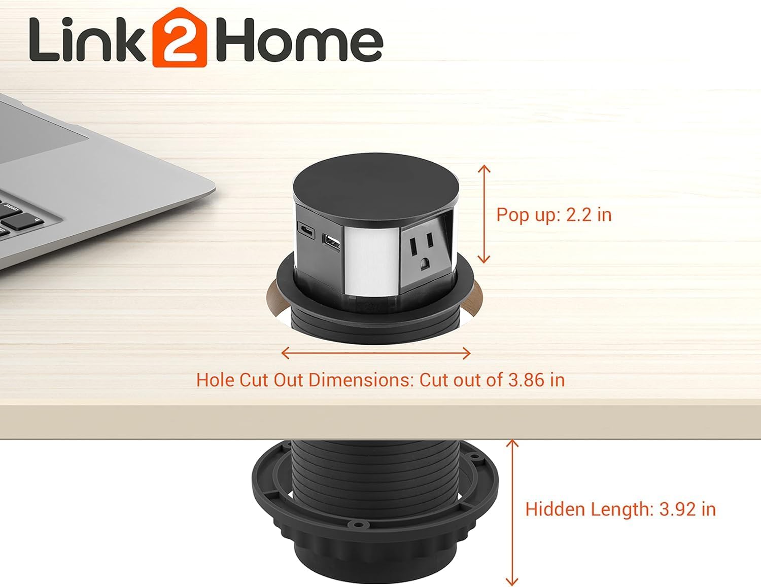 Link2Home 2 Pack Pop Up Outlet 10W Fast Induction Charger with Type-C USB, 3 Power Outlets 15A, 2 USB Ports 3.0A, Splash Resistant, Matt Black Finish, for Kitchen Counter Island, Office Table