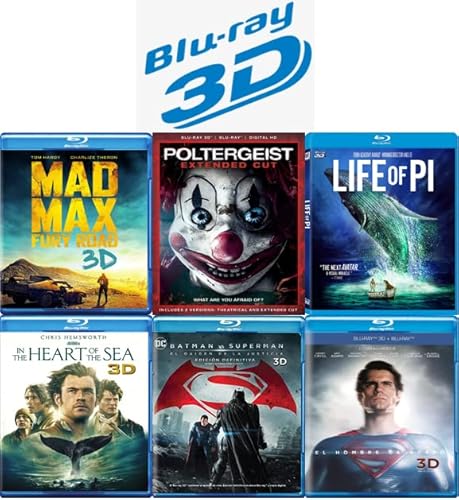 Ultimate Action & Adventure Blu-ray 3D Movie Collection: Batman v Superman: Dawn of Justice / In the Heart of the Sea / Life of Pi / Mad Max: Fury Road / Man of Steel / Poltergeist [Blu-ray 3D] Region 1/A