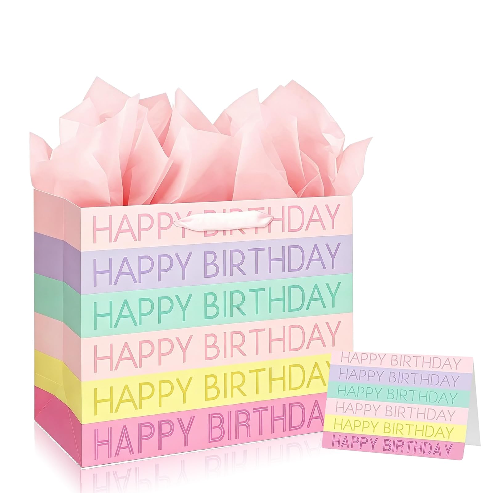 Colorful Birthday Gift Bag 33*12*26cm,Large Macaroon Gift Bags for Presents with 3 Tissue Papers and 1 Greeting Card for Girls Women's Birthday Supplies Rainbow Stripes Design Present Bag with Handles