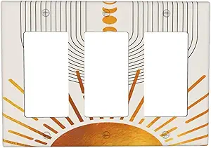 Decorative Outlet Covers Bohemian Gold Sun Moon Phase Arch 3 Gang Outlet Cover Wall Plate Triple Rocker Light Switch Cover Plate Switch Plate Covers for Bedroom Home Decor
