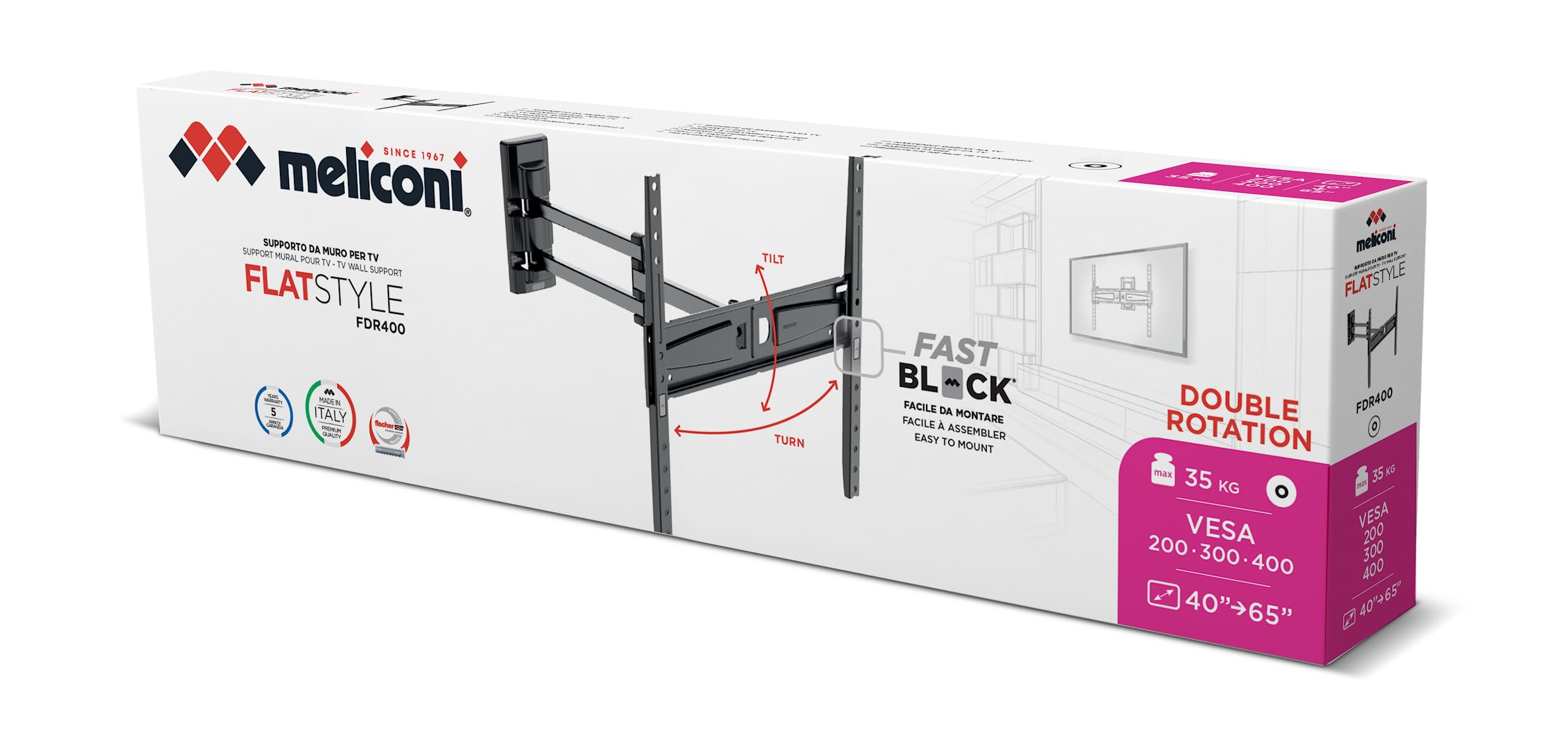 Meliconi FLATSTYLE FDR400 Support TV Mural à Double Rotation, Support pour TV à écran Plat de 40" à 65", Support VESA 200-300-400, portée 35 kg, Noir