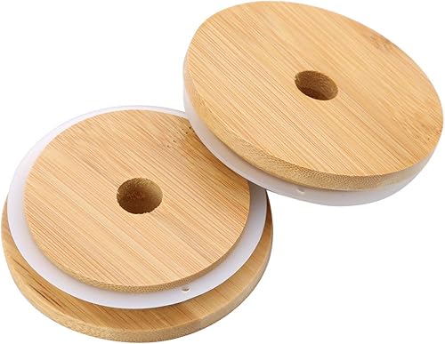 YiZYiF 4 tapas de madera reutilizables para tarros de bambú, tapas con agujero para popote y anillo de silicona para tarros de conservas, tarros de