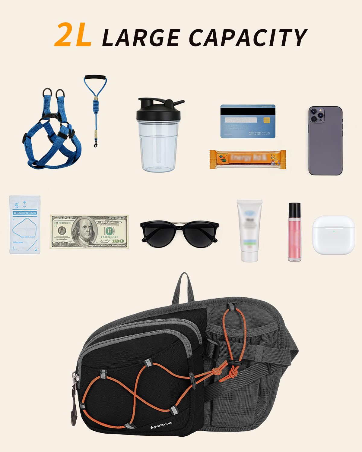 Sportsnew Bauchtasche mit Flaschenhalter 2L, Leichte Hüfttasche Wasserabweisend Damen und Herren, Atmungsaktiv Sport Hüfttasche für Radfahren Camping Klettern Reisen Wandern Joggen Hundetraining