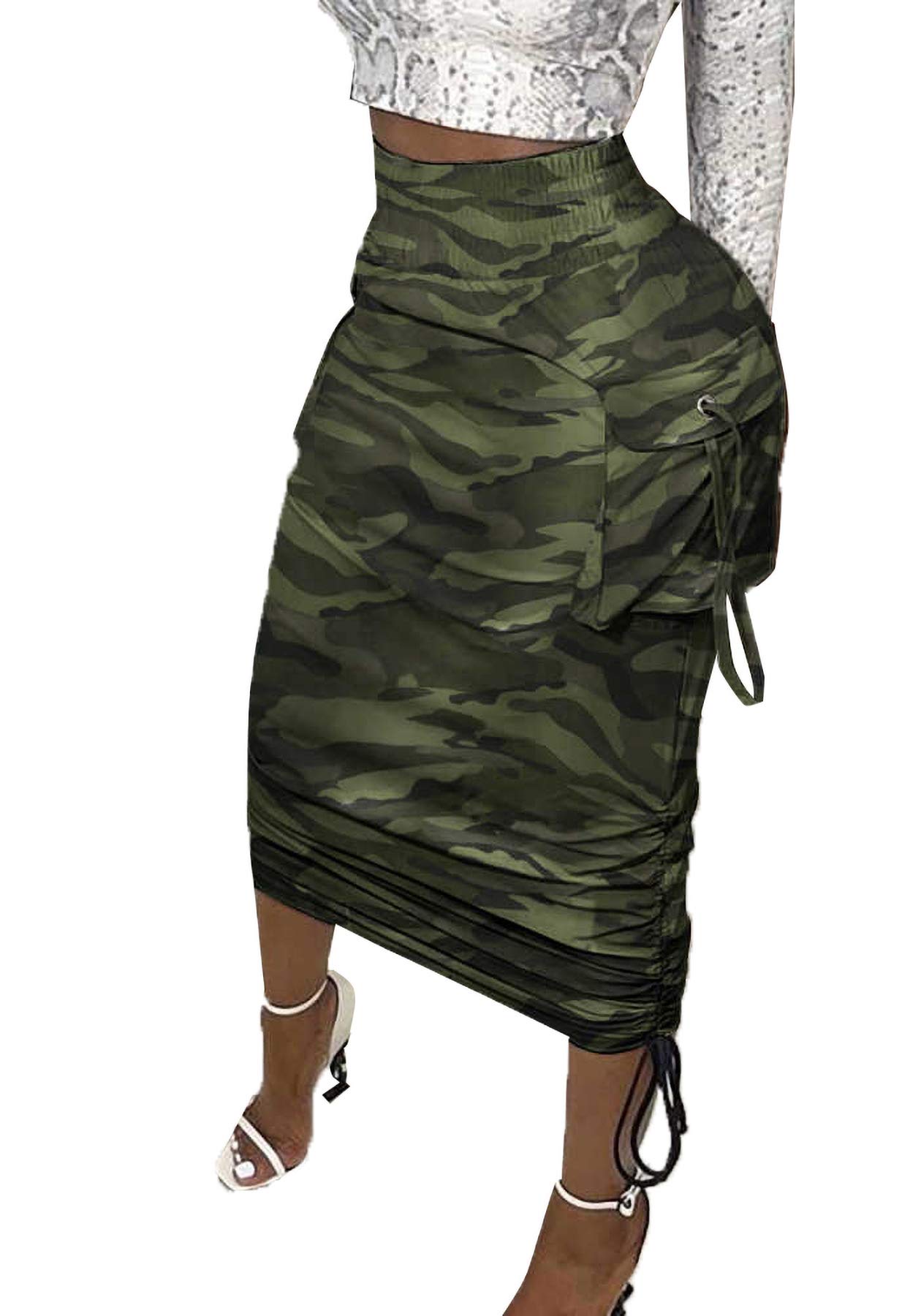 VakkestWomen's Camo Cargo Midi Skirt Elegant High Waist Vintage Dress Slit  Front Ruffle Long Bodycon Maxi Skirts