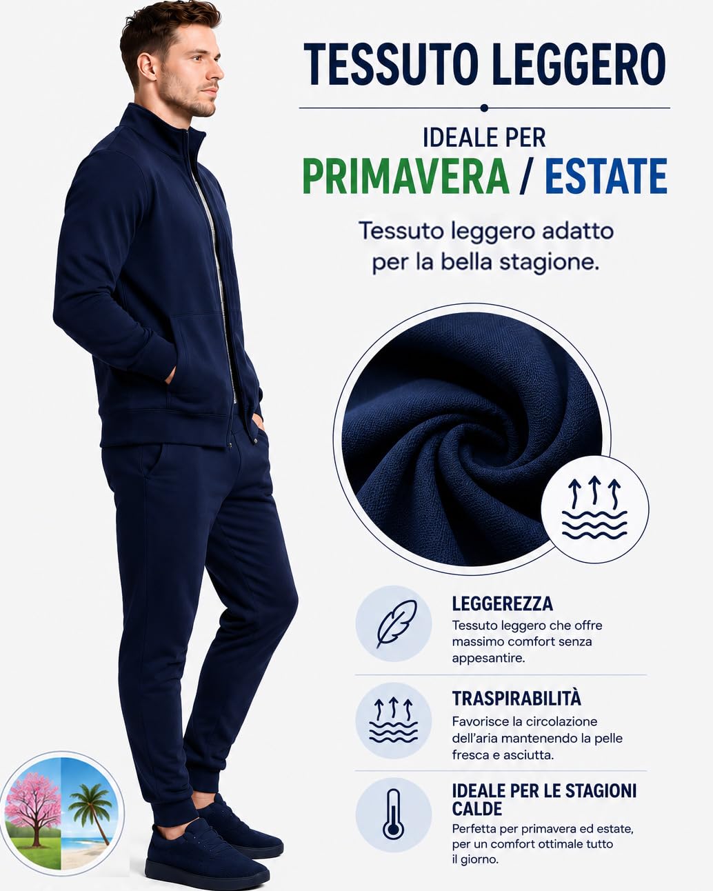 Vancouver Tuta Uomo Cotone Garzato Leggero Made in Italy – Completo Sportivo con Zip, Tasche e Coulisse – Blu Nero