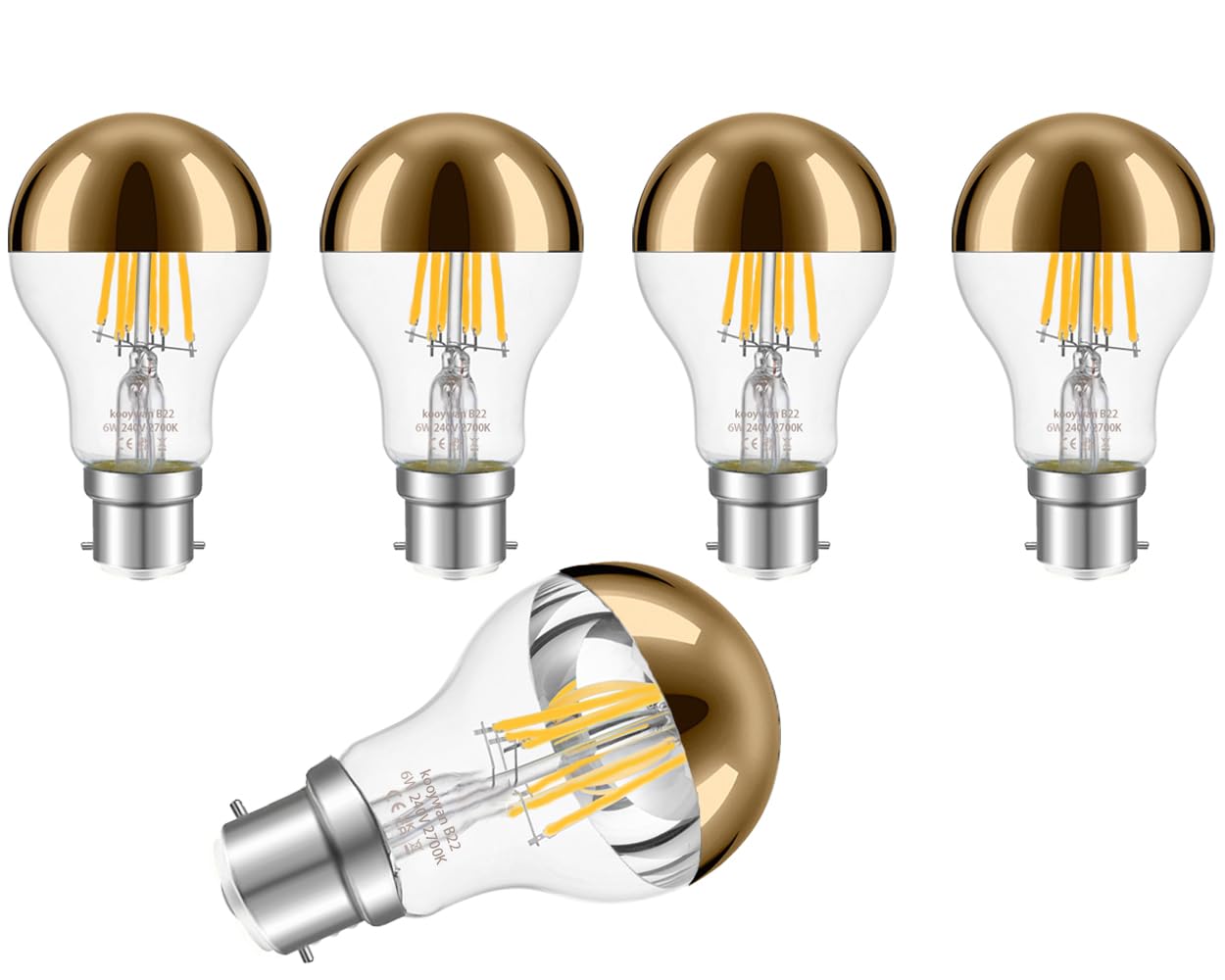 KOOYWAN B22 Bayonet Gold Crown Light Bulb-Dimmable 6W A60 A Shape Decorative Classic LED Edison Bulb Gold Mirror Tipped Reflected Light 2700K Warm White-Pack of 5