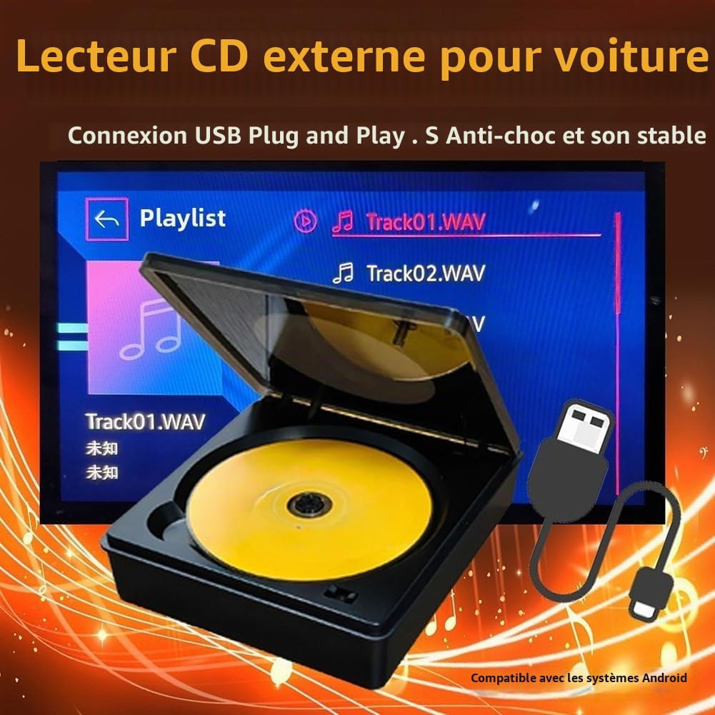 Lecteur CD Externe de Voiture, Lecteur DVD avec Connexion USB, qualité Audio sans Perte, Lecteur CD Portable pour Voiture, Design PC Compact pour systèmes de Navigation Android