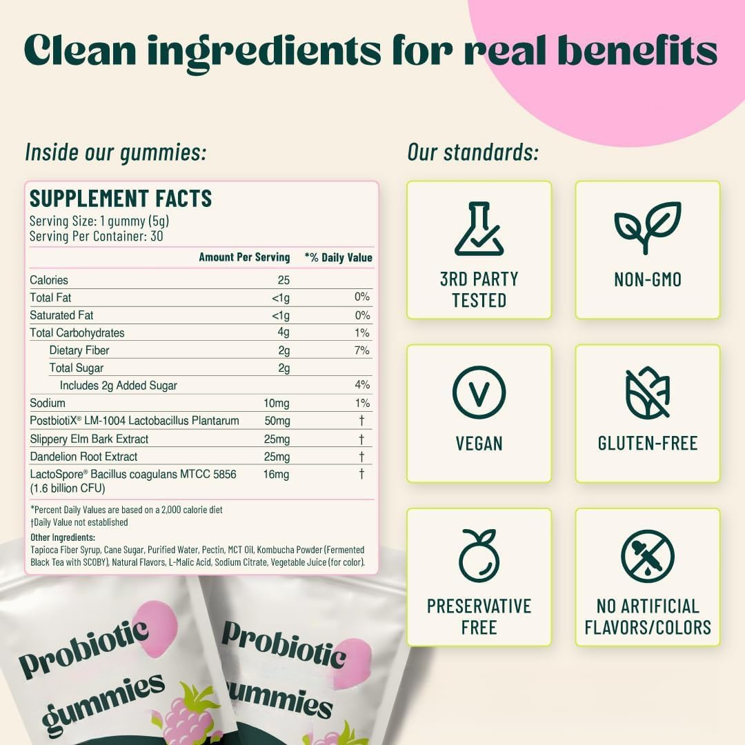Gomita probiótica Kombucha - para hinchazón, salud intestinal - Probióticos para mujeres y hombres - Vegano, sin OGM