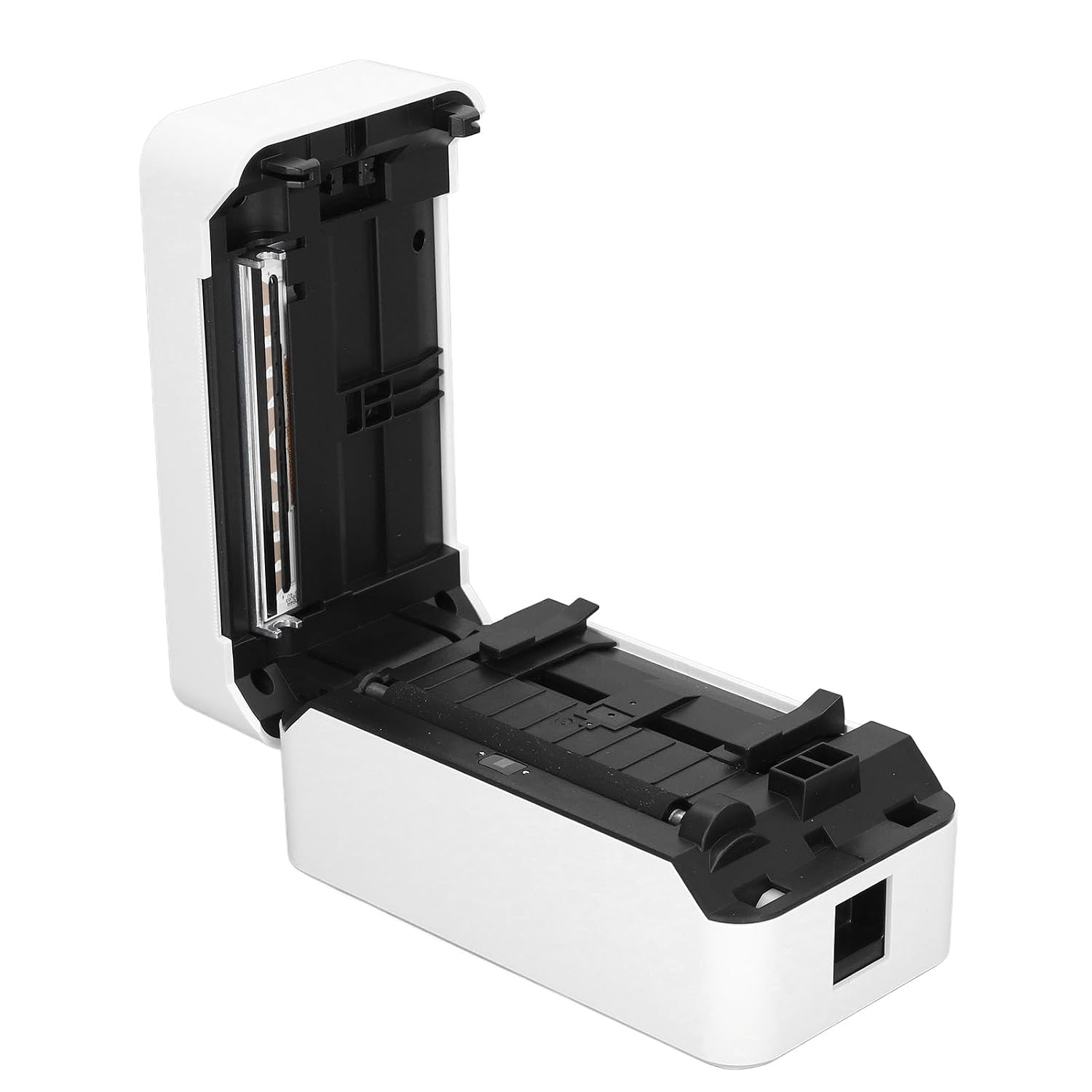 Close-up of paper cutting edge and width adjustment mechanism