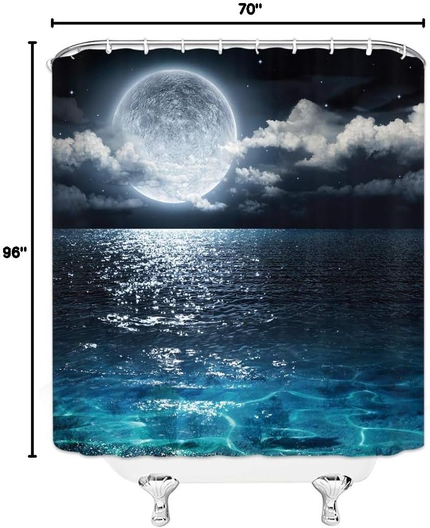 AMFD Moon Shower Curtain Full Moon Over Sea Ocean Clouds Planet Star Sky Dreamy Night Scene Black Blue Bathroom Curtains Decor Polyester Fabric Include Hooks,(70" Wx96 H)