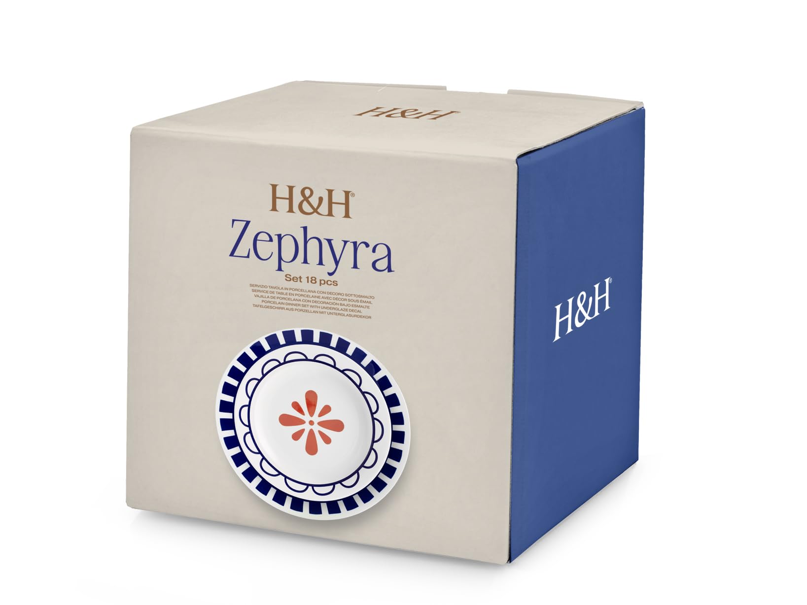 H&H Servizio Piatti 18 Pezzi Zephyra – Porcellana Decorata, Forma Coupe – 6 Piatti Piani 27 cm, 6 Piatti Fondi 23 cm, 6 Piatti Frutta 19,5 cm – Lavabili in Lavastoviglie e Idonei al Microonde