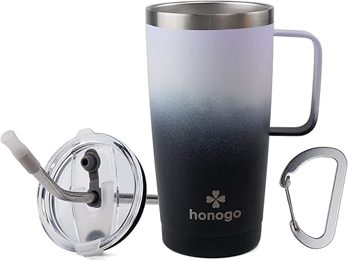 Miniatura 7 de honogo Vaso térmico de acero inoxidable de 20 onzas con aislamiento al vacío con tapa y popote, taza de café térmica de viaje con asa, mantiene el