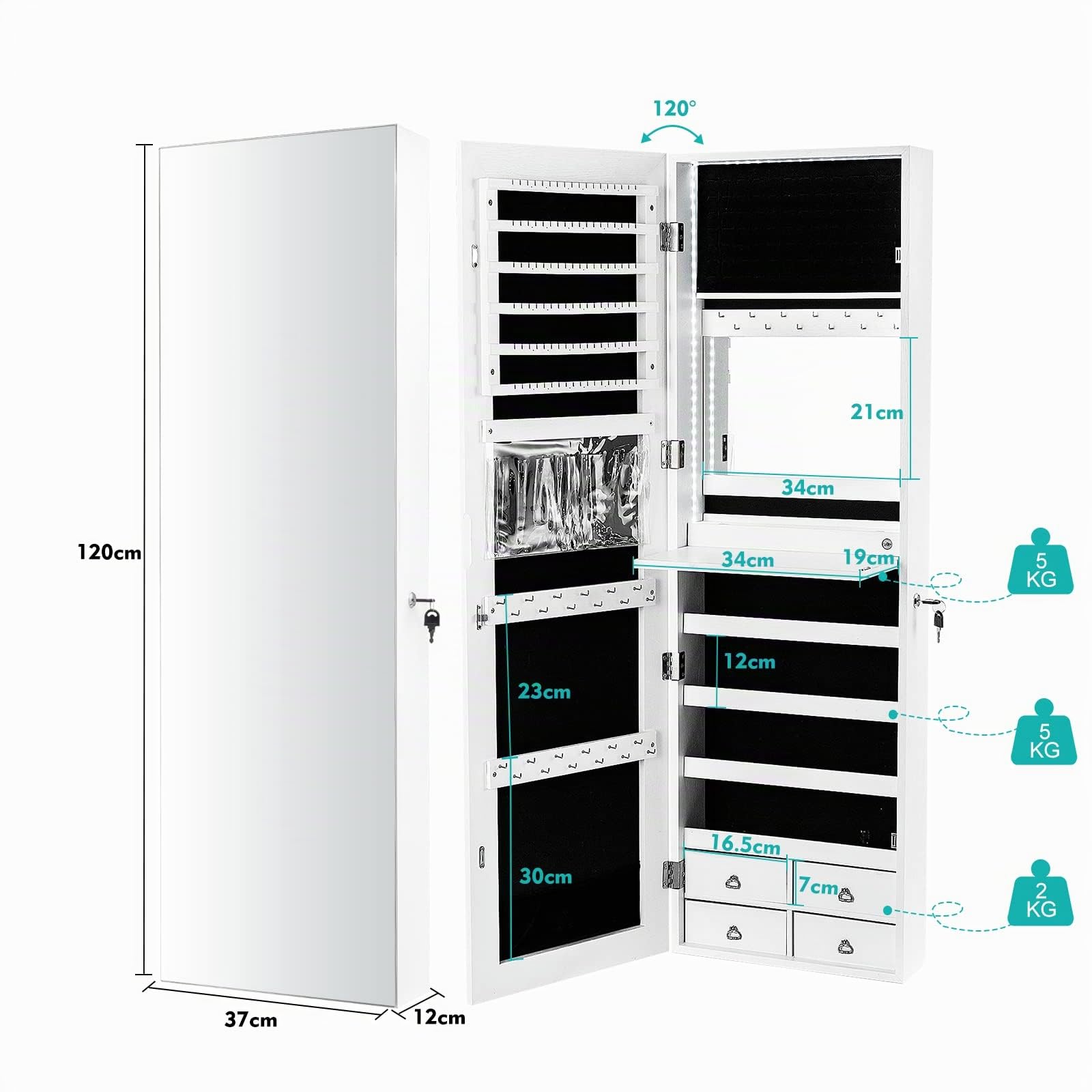 COSTWAY Schmuckschrank mit LED Beleuchtung, Schmuckregal mit Ganzkörperspiegel, Sipegelschrank mit 4 Schubladen, 4 Regale für Schmuck & Kosmetik, Schrank Tür- und Wandmontage (weiß)