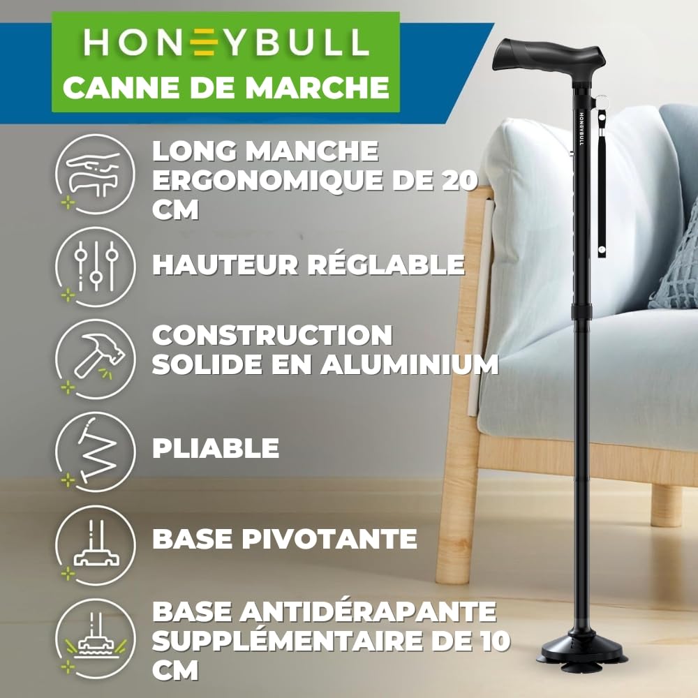 HONEYBULL Canne de Marche Tripode Pliable pour Homme et Femme, Réglable en Hauteur, Base Antidérapante Tout Terrain, Canne en Aluminium Robuste et Légère pour Seniors et Aide à la Mobilité