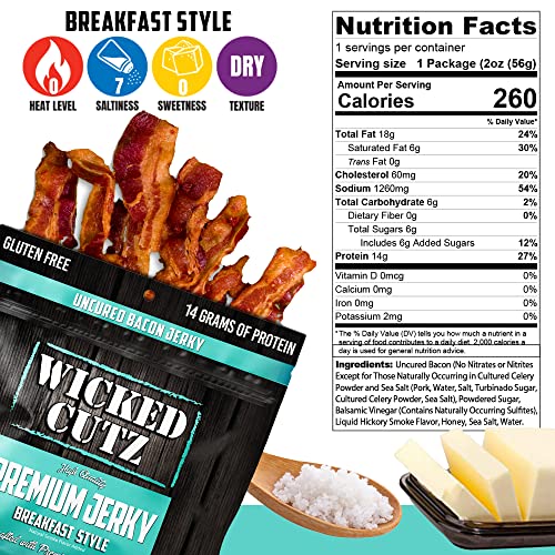 Wicked Cutz Bacon Jerky Variety Pack, Tender, Flavorful Premium Craft Jerky, (5) High Protein, Gluten Free Flavors, Sriracha, Applewood Smoked, Breakfast, Old Fashioned Maple Bacon , Smoked Bbq Jerky, 5 Bags, 2Oz Each #TOP7