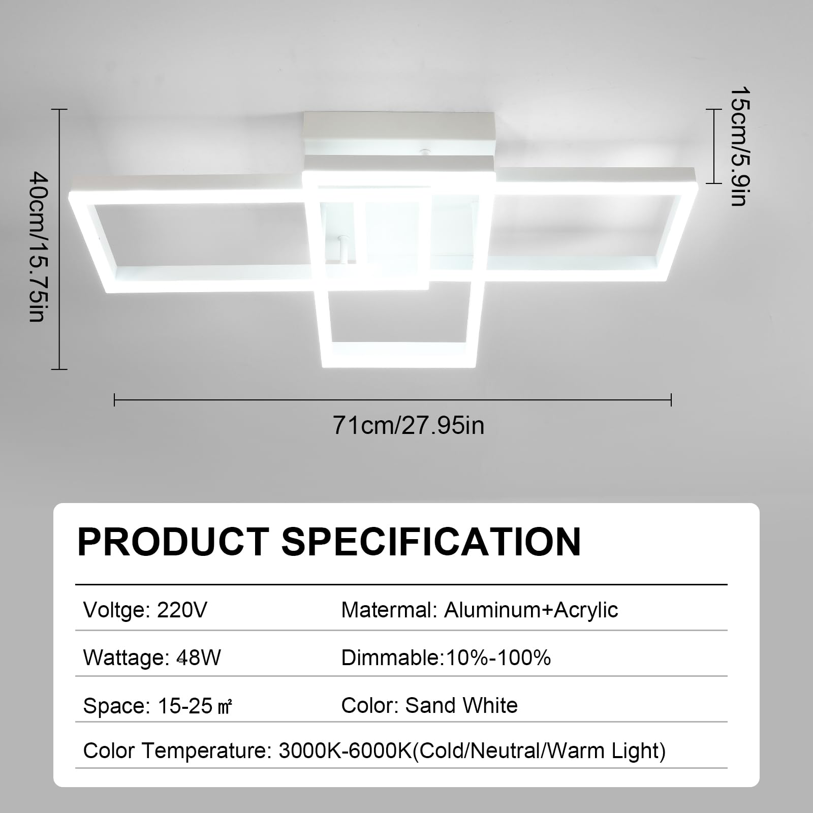Osairous Plafoniera LED Soffitto Dimmerabile, 48W 5400LM Lampada da Soffitto con Telecomando 3000K-6500K 71cm, Funzione di Memoria, Moderna Plafoniera Quadrata per Camera da Letto Soggiorno Cucina