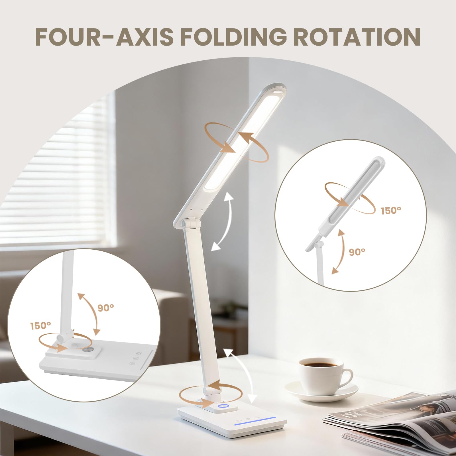 TECHNOVA LED-Schreibtischlampe mit 5 Farbtemperaturen, stufenloses Dimmen und One-Touch-Timer, faltbares und tragbares Design für Büro/Studium/Nagelkunst, USB-Aufladung und Vier-Achsen-Rotation für