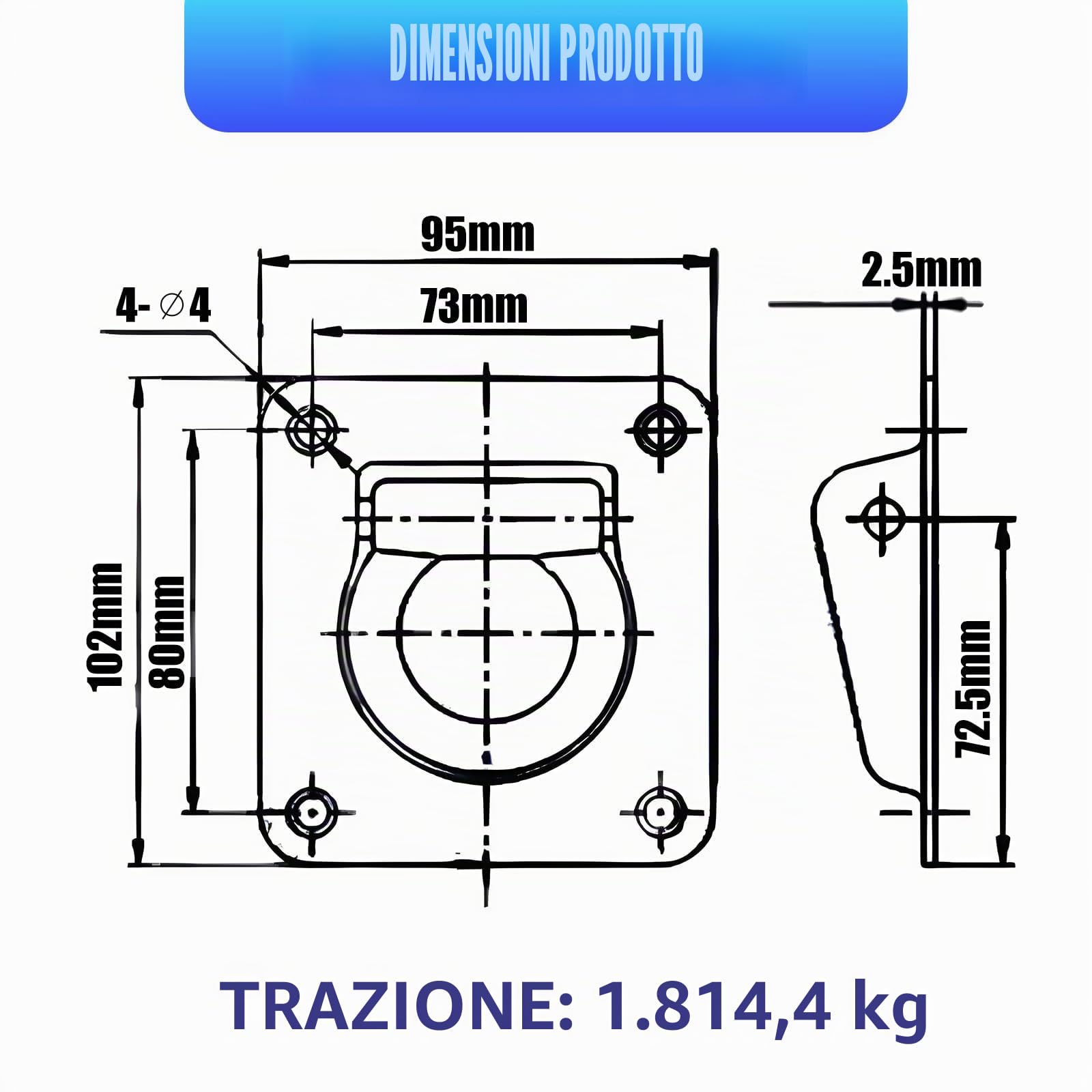 6 Pezzi Occhielli di ancoraggio per rimorchio Ganci per Rimorchio Anello Ancoraggio Rimorchio Furgone, capacità di Carico 1000Kg Occhielli di fissaggio zincati con Contropiastre e Gancio