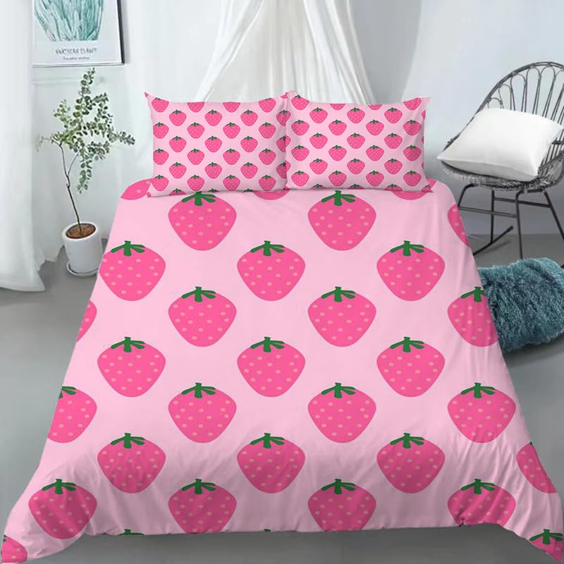 Housse de couette 90x190 fraise rose avec sa taie 65x65 pour lit enfant en microfibre
