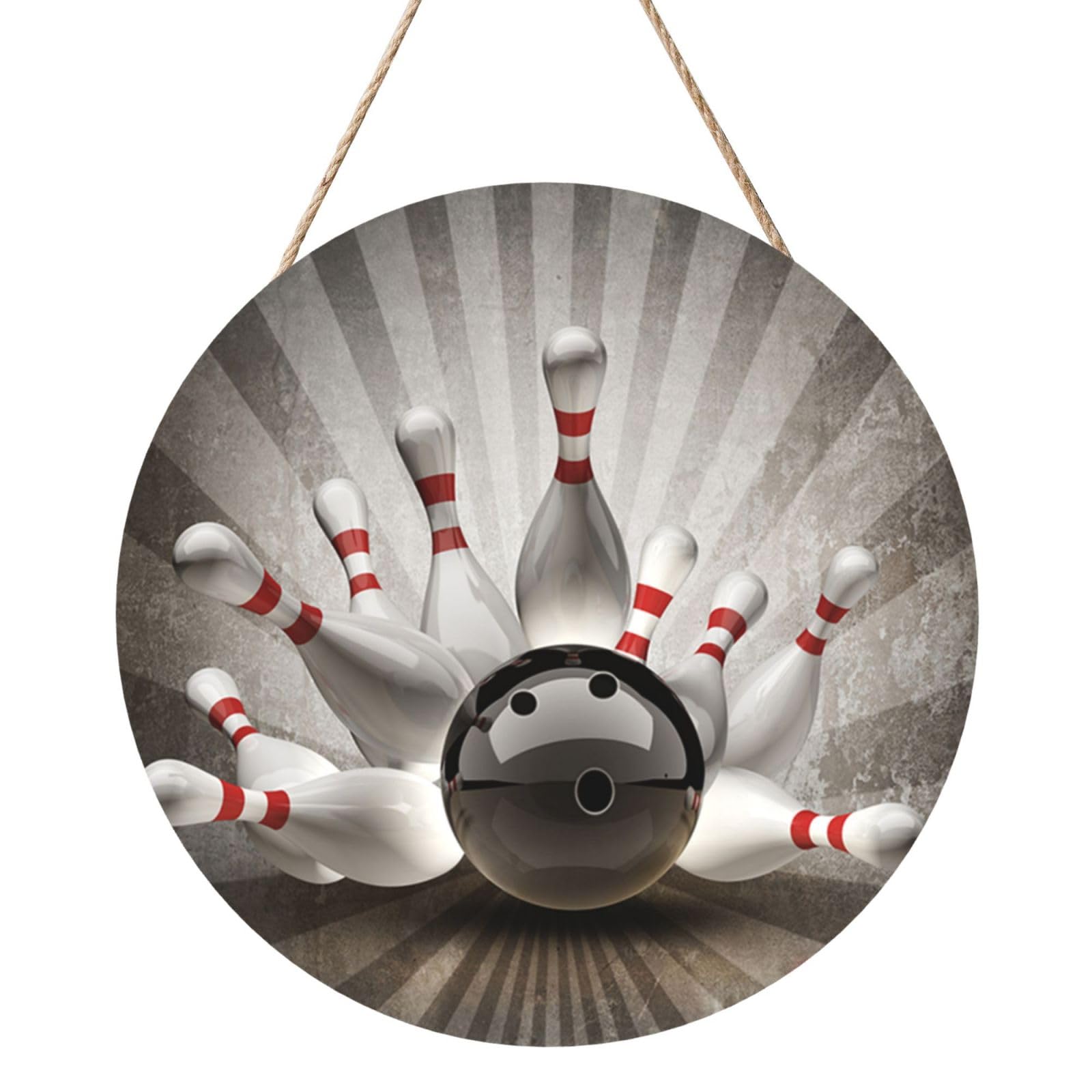 InOmak Bowling Ball Sport Vintage, Round Wood Panel Painting 12 in, Wall Hanging Painting For Home