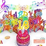 18TH Musical Birthday PopUp Card, Blowable LED Light Candle 3D Cards with Song 'HAPPY', Applause Cheers Sound,Color-Changing Lights,Colourful Greeting Cards for Teenagers Girls Boys Daughter Son