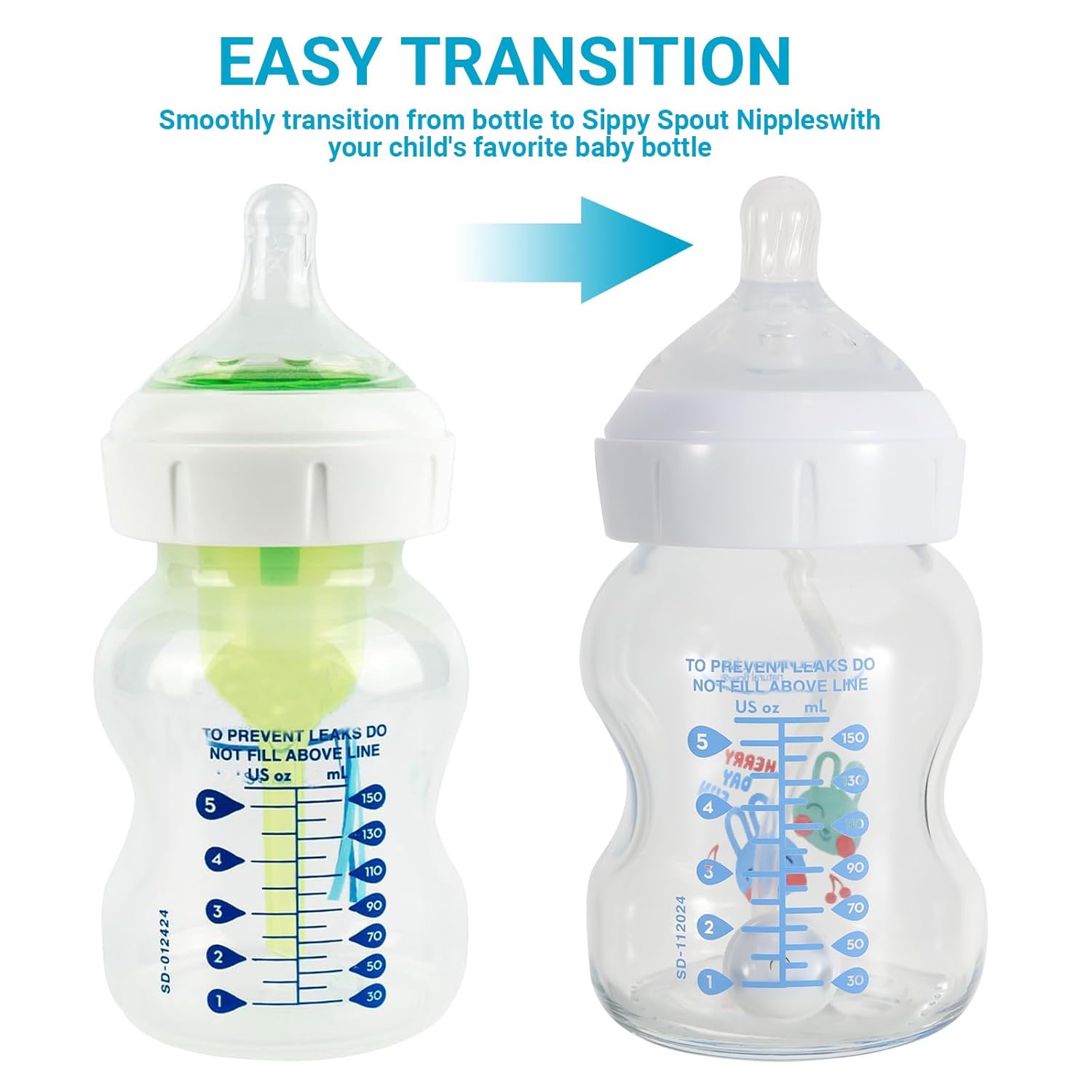 WDVFETGB Silicone spouts are Suitable for Dr. Brown's Wide-Neck Bottles and Sippy Spout Bottles. Variable Flow,Leakproof Design. It Contains 8 Silicone Pacifier, 8 Straws and 8 Gravity Balls